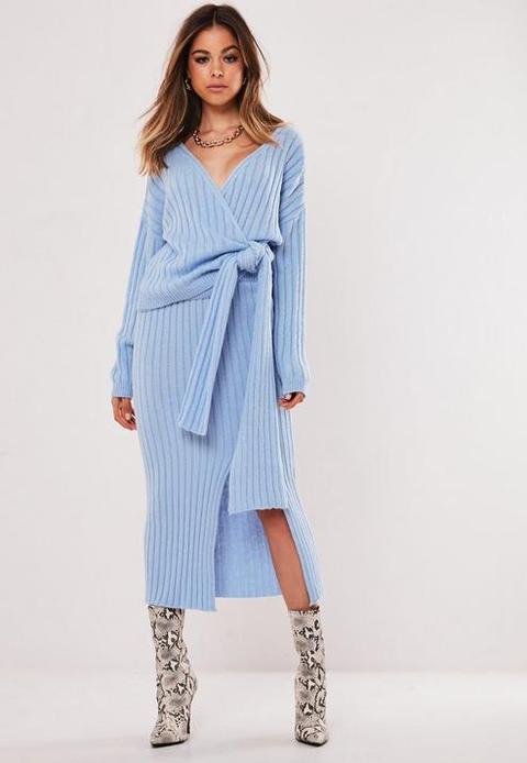 Blue Co Ord Front Split Knitted Midi Skirt, Blue