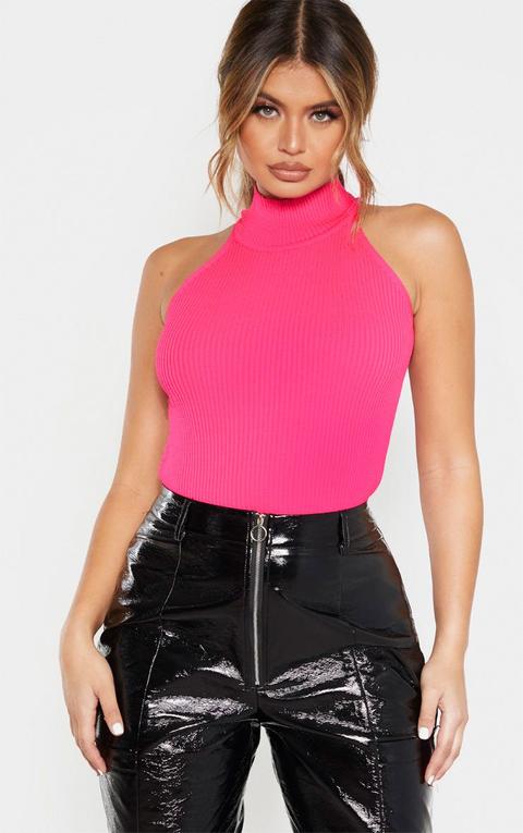 Hot Pink High Neck Knitted Sleeveless Top