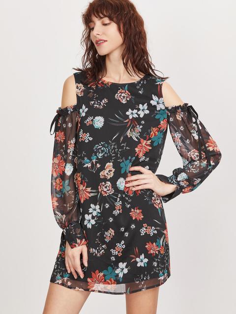 Vestito Stampa Fiore Spalle Fredde Maniche Con Polsino Perforato Indietro - Nero