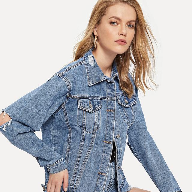 bleach wash ripped denim jacket