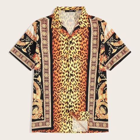 Blusa De Hombres Con Estampado De Pañuelo De Animal Notched Con Botón