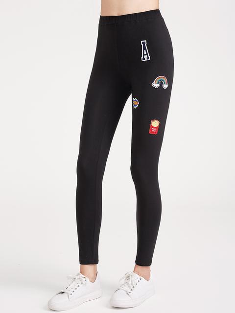 Black Embroidered Patch Applique Leggings