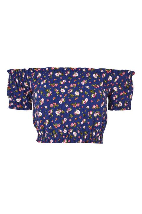 Womens Petite Floral Print Bardot Crop Top - Blue, Blue