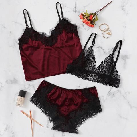 Set Lingerie In Raso Di Lino Con Pizzo A Ventaglio Con Reggiseno