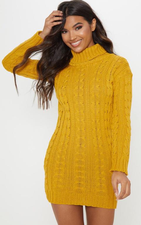 Mustard Cable Knit High Neck Jumper Dress