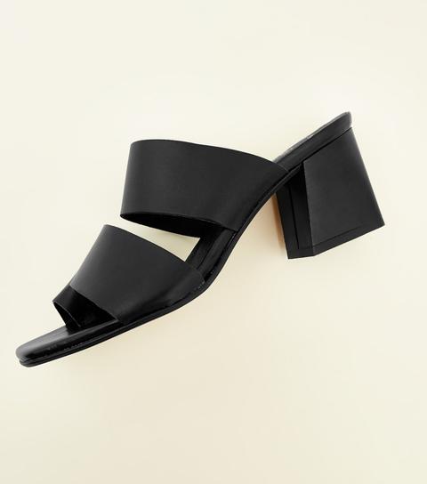 Black Premium Leather Toe Loop Mules New Look