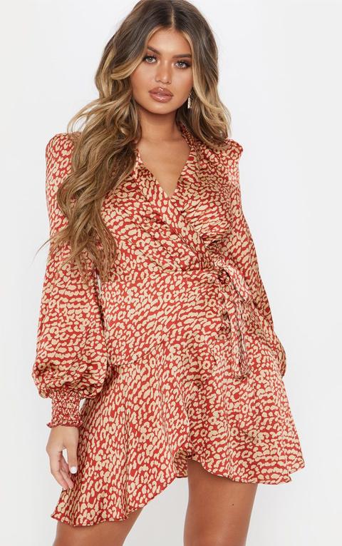 Red Satin Leopard Print Wrap Frill Hem Shift Dress