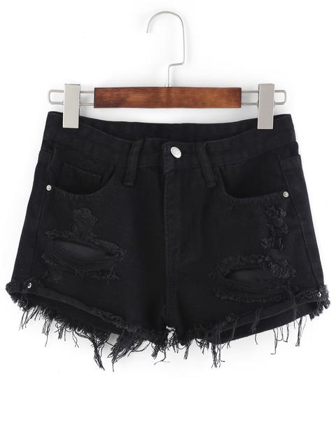 Frayed Black Denim Shorts