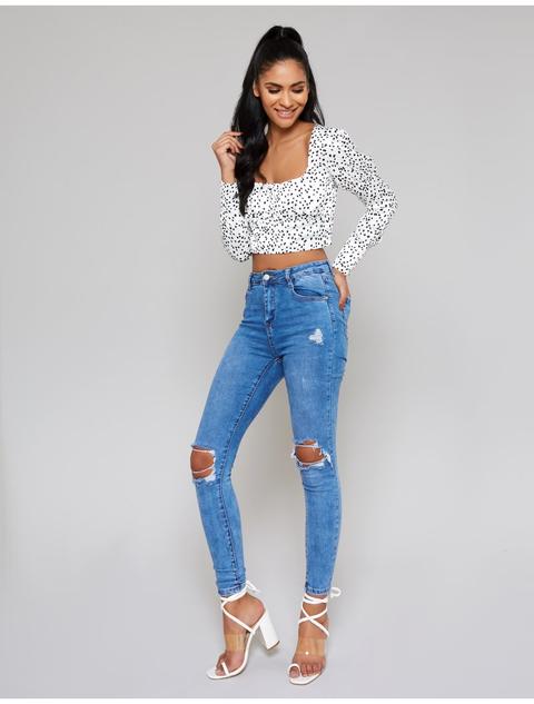 White Spot Print Puff Sleeve Crop Top