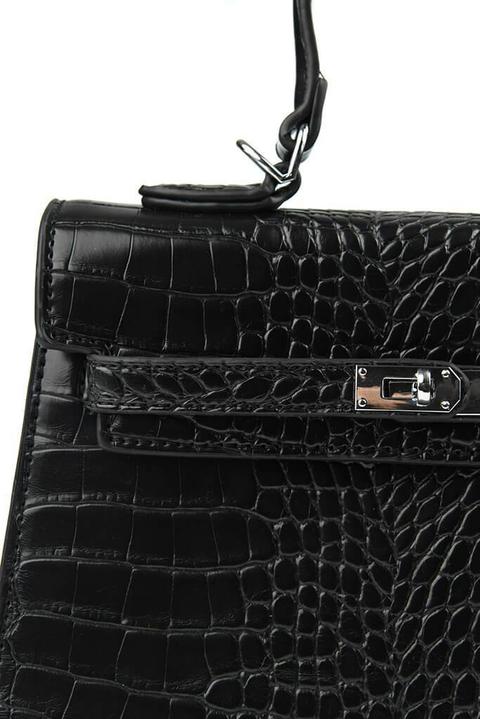 Black Croc Print Oversized Structured Bag