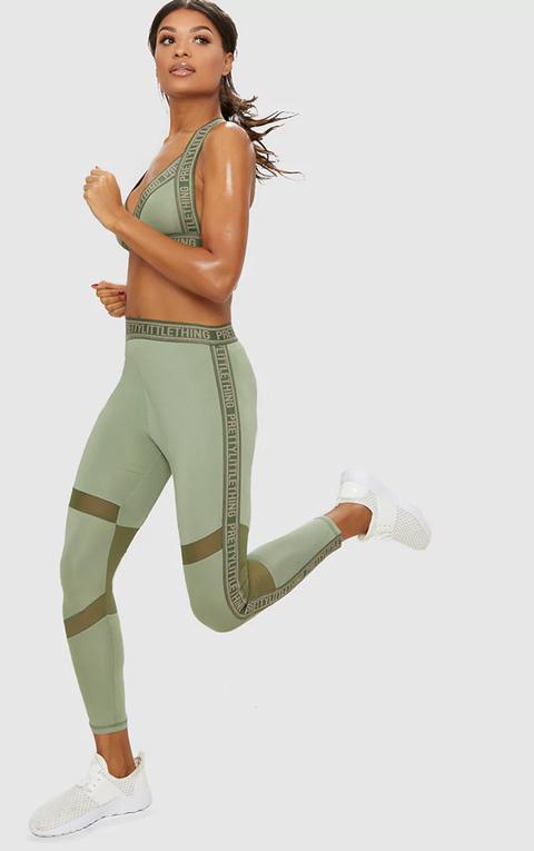 Prettylittlething Khaki Band Leggings, Green