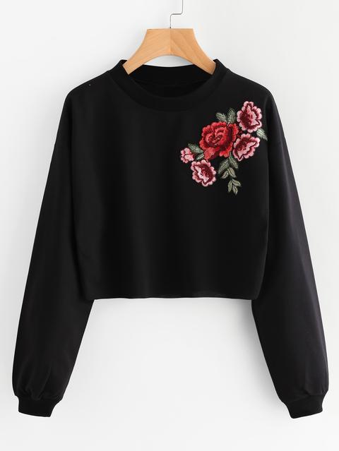 Rose Embroidered Applique Sweatshirt