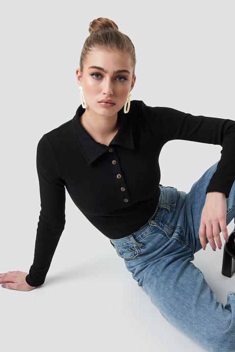 Na-kd Button Up Ribbed Top - Black