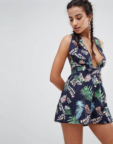 Prettylittlething - Tuta Corta Con Stampa Tropicale E Allacciatura Sul Retro - Nero