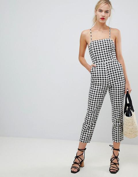 Asos Design - Combinaison En Jean Motif Vichy Avec Fines Bretelles Au Dos