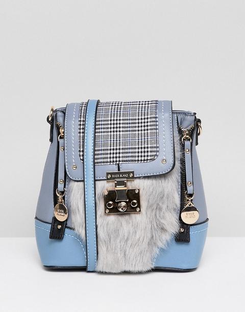 River Island - Zainetto A Quadri Con Pelliccia Sintetica - Blu