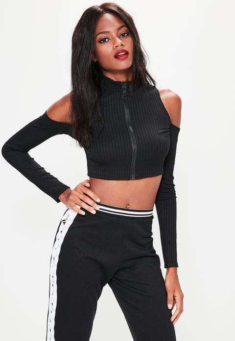 Black Zip Through Cold Shoulder Ribbed Crop Top