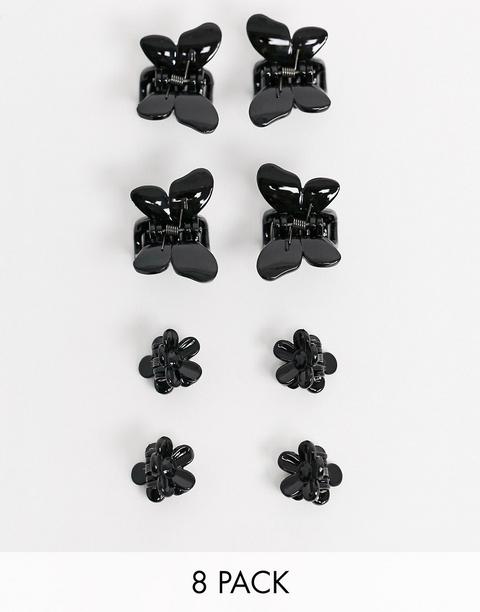 Asos Design Pack Of 8 Hair Clips In Flower And Butterfly Shape In Black