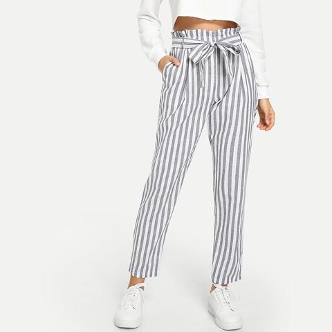 Vertical Striped Frill Belted Pants