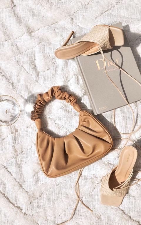Tan Extreme Ruched Handle Shoulder Bag