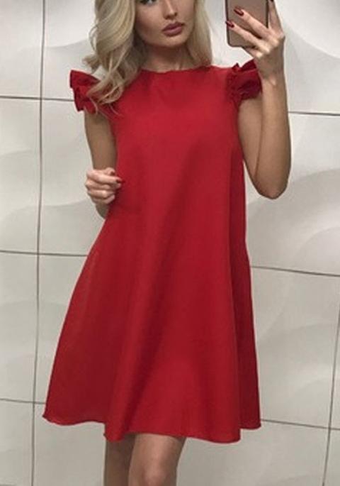 Mini Abito Fodera Girocollo Manica Corta Moda Rosso