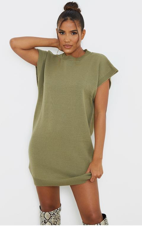 Khaki Wide Shoulder Sleeveless Knitted Jumper Dress