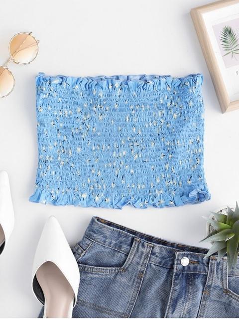 Zaful Top De Tubo Fruncido Con Estampado De Hojas Blue Koi