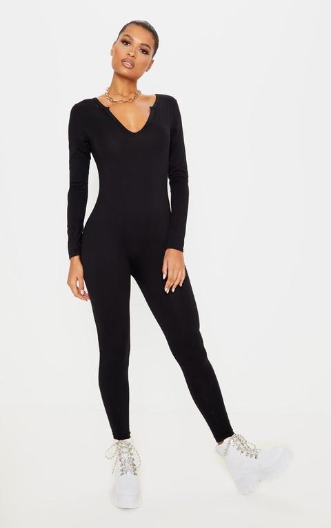 Black Seamless Cotton Elastane V Neck Jumpsuit