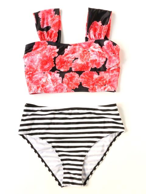 A Righe Con Stampa Floreale Bikini