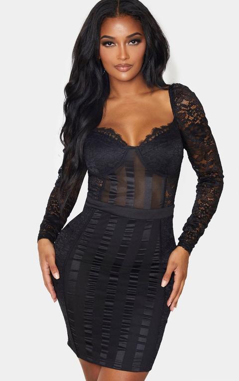 Shape - Robe Moulante Manches Longues Noire En Mesh Rayé Et Dentelle, Noir