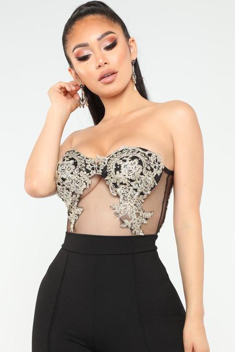 Met Gala Mesh Bodysuit Black gold from Fashion Nova on 21 Buttons