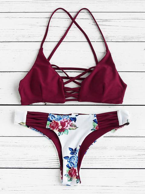 Flower Print Criss Cross Bikini Set