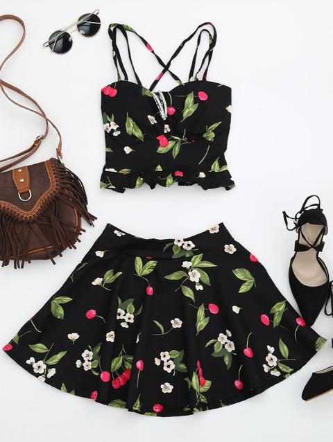 Cherry Print Two Piece Skater Dress