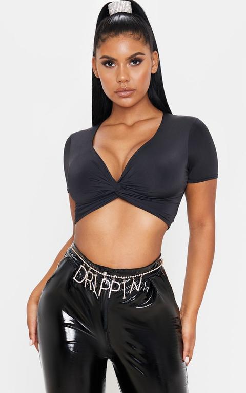 Black Slinky Twist Front Crop Top