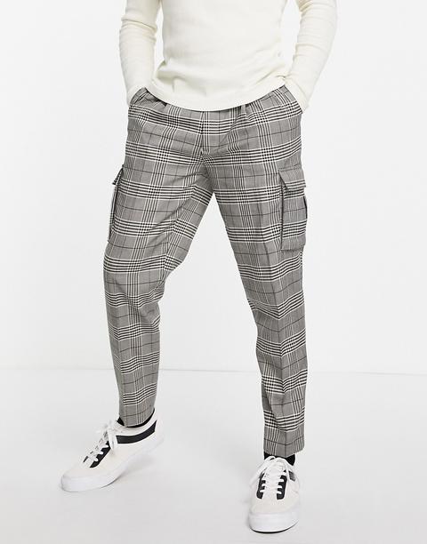 Topman Tapered Checked Cargo Trousers In Grey