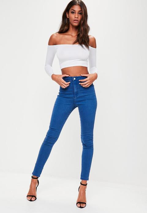 High Waisted Skinny Jeans Mid Blue, Blue