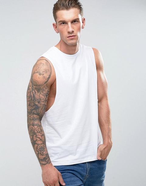 Asos Design - T-shirt Senza Maniche Bianca Con Giromanica Ampio - Bianco