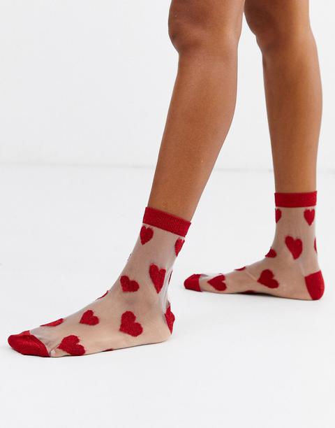 Asos Design Sheer Heart Ankle Socks-red