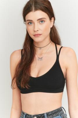 Seamless Ribbed Strappy Back Black Bralette