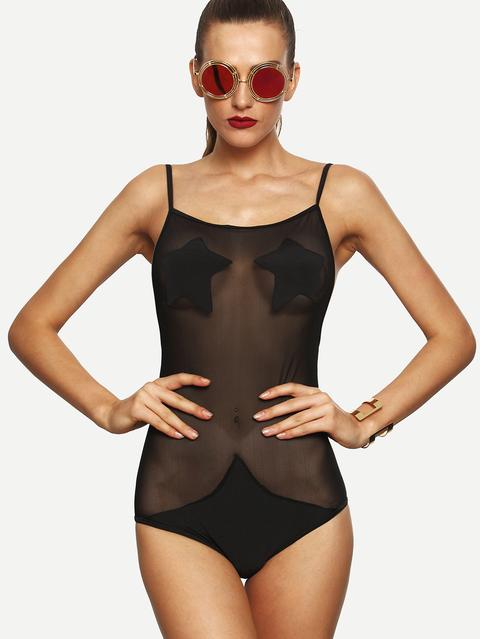 Black Backless Mesh One-piece Swimwear