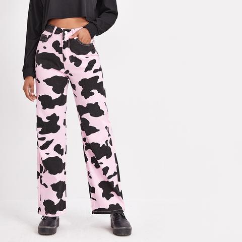 High Waist Cow Print Straight Leg Jeans