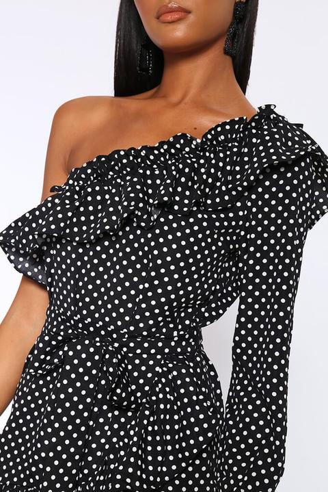 black polka dot one shoulder dress