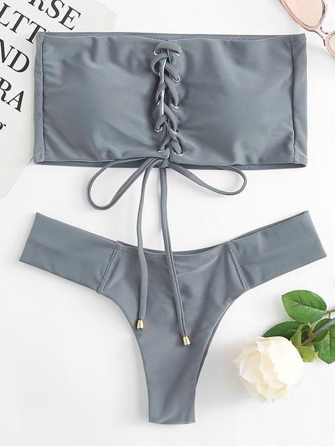 Lace Up Bandeau With Thong Bikini Set