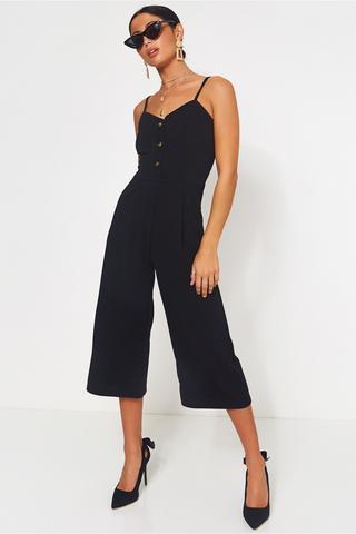 Black Button Front Cropped Leg Jumpsuit