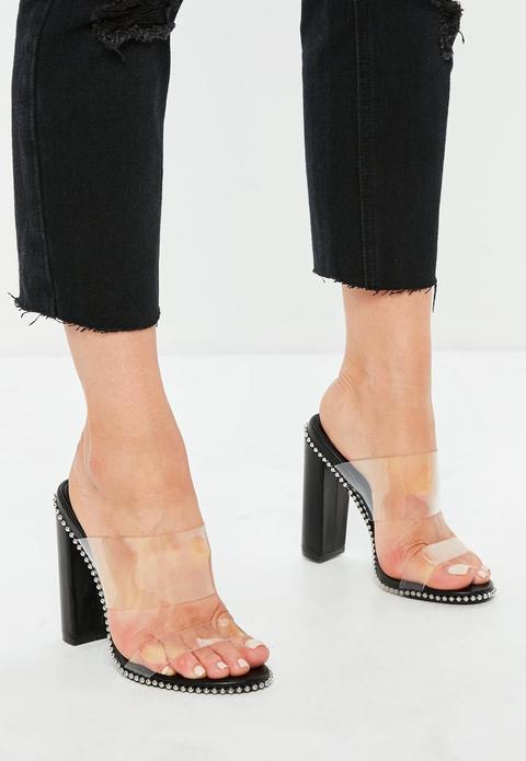 Black Chain Trim Perspex Heeled Mules, Black