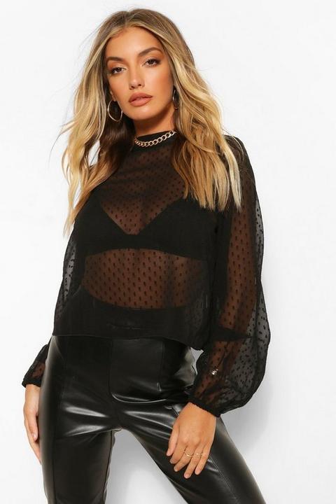 Womens Dobby Mesh Funnel Neck Blouse - Black - 16, Black