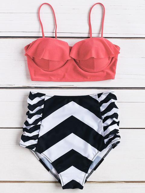 Chevron Stampa Ruffle Design A Vita Alta Bikini