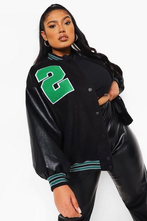Womens Plus Pu Sleeve Oversized Varsity Jacket - Black - 22, Black