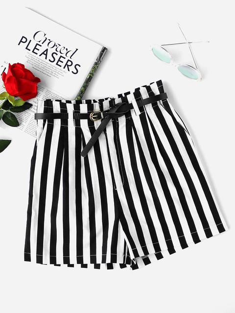 Vertical Striped Shorts With Belt