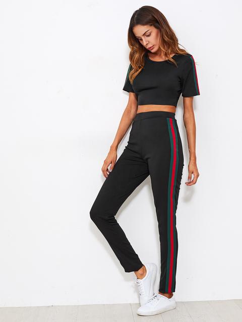 Side Striped Crop Tee With Pants